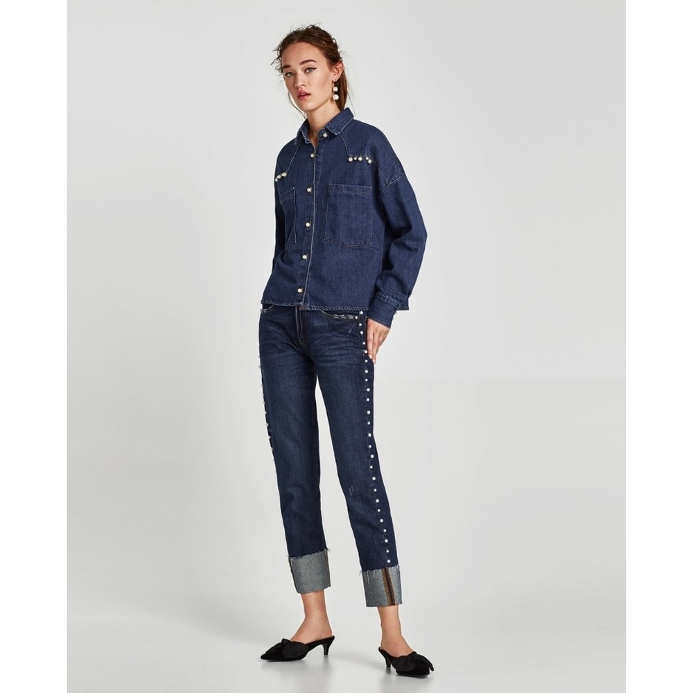 New Zara Pearl Side Strip Dark Blue Jeans 36 - Picture 2 of 8
